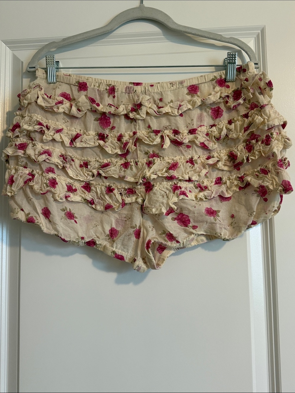 Free People Cream Ruffle Floral Pajama Shorts with Pink Rose Print